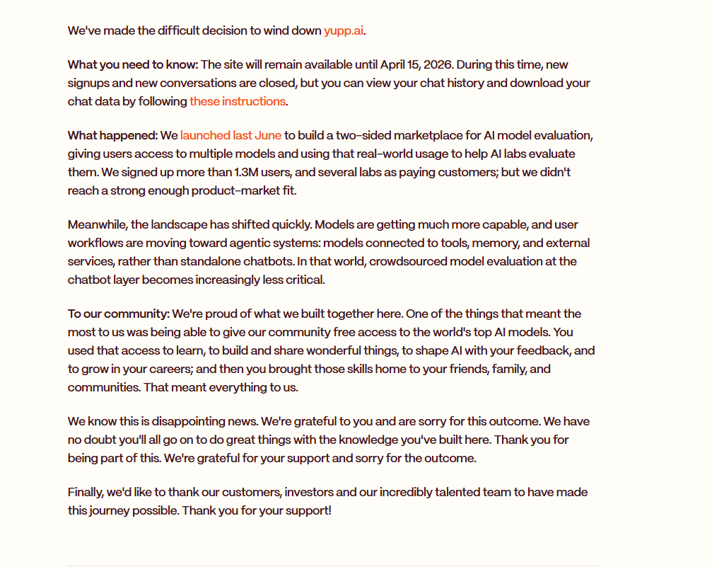 Yupp’s wind-down announcement on its website