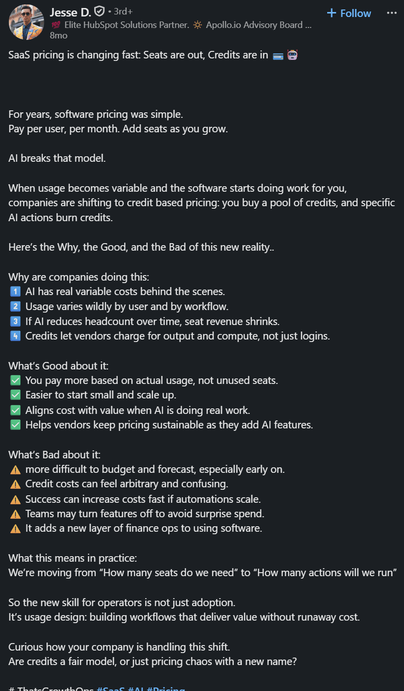 LinkedIn post on SaaS moving from seats to credits