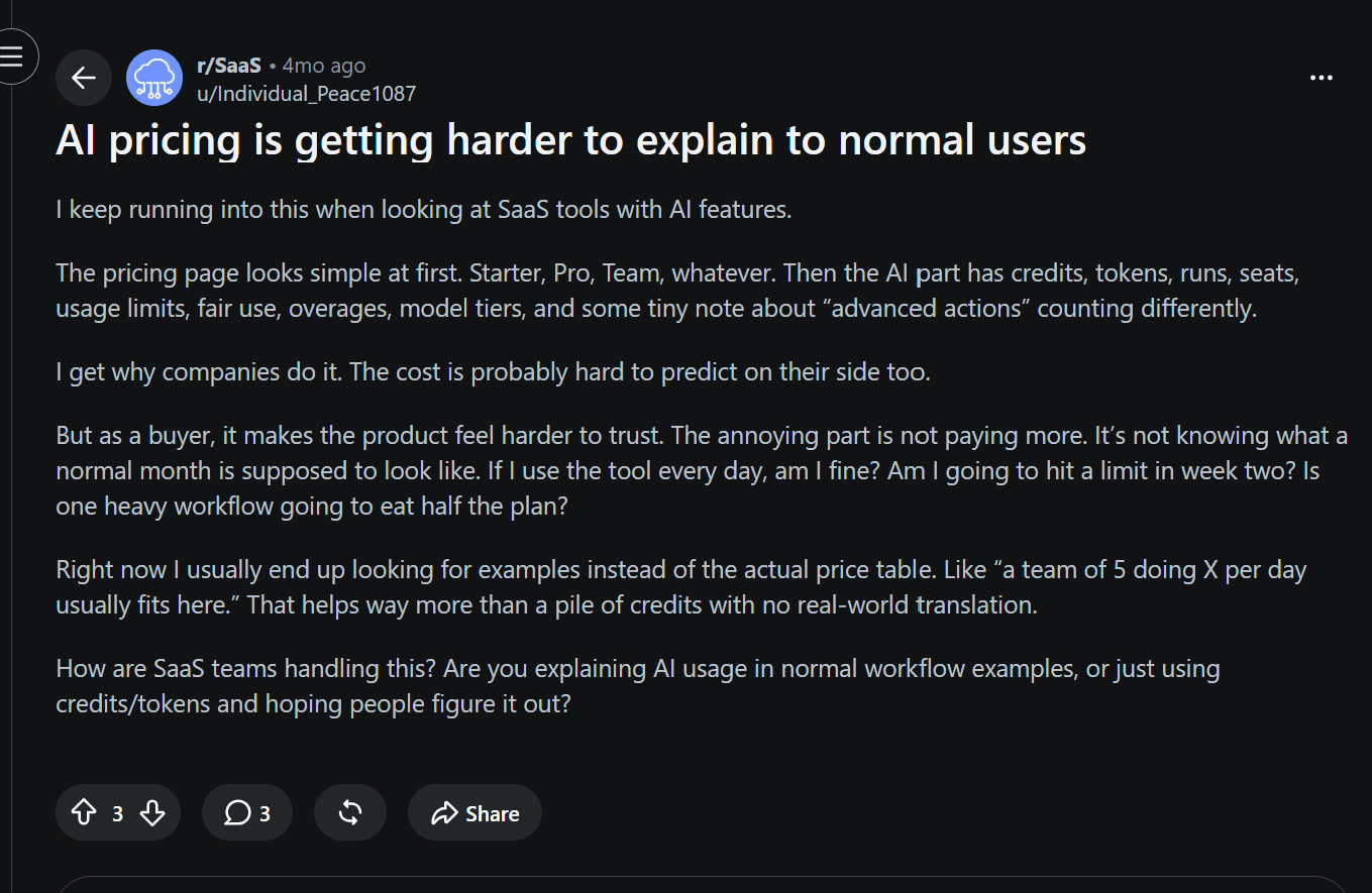 Reddit post on confusing AI pricing