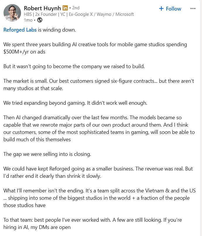 Robert Huynh’s LinkedIn post on Reforged Labs